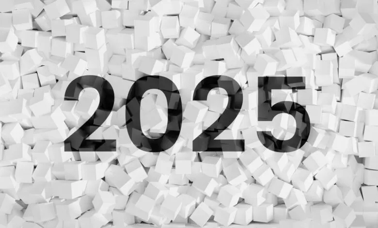 Black '2025' over a background of white cubes, symbolizing the new year.