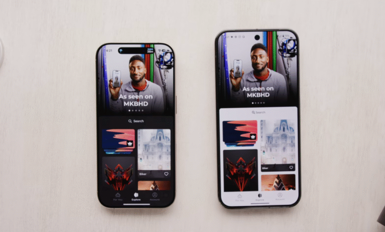 Two smartphones display the MKBHD app interface, showcasing wallpapers.