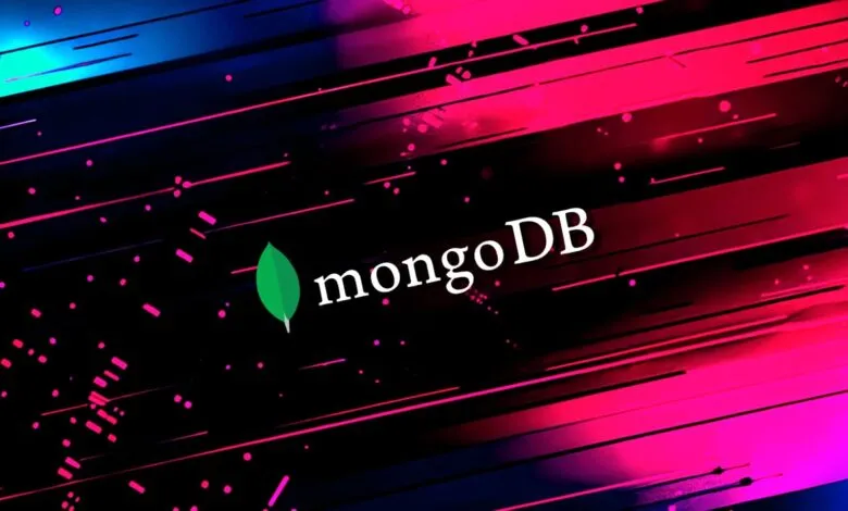 MongoDB logo with leaf on a vibrant, abstract background.