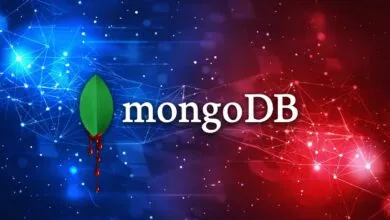 MongoDB logo with a bleeding leaf on a blue and red background.