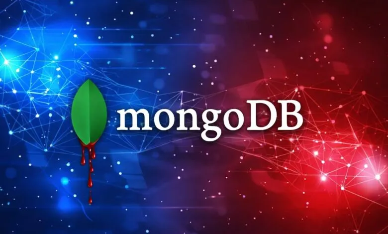 MongoDB logo with a bleeding leaf on a blue and red background.