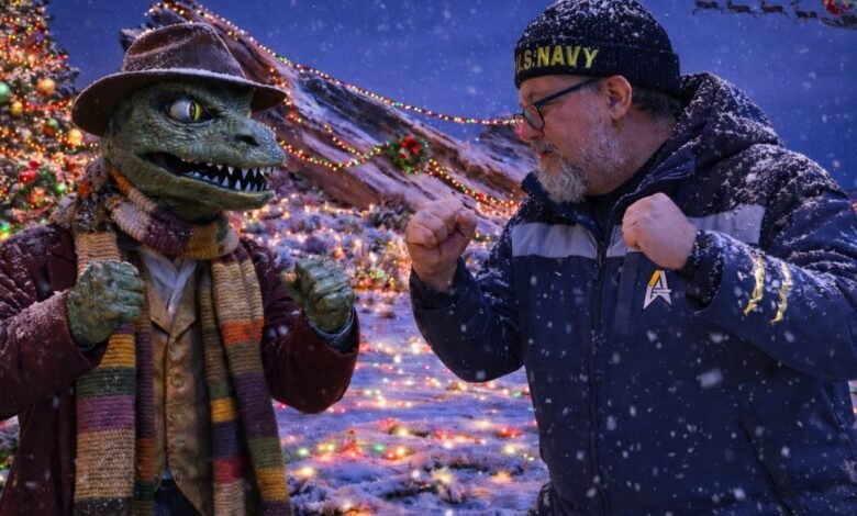 Man in Navy hat faces lizard person in snowy Christmas scene.