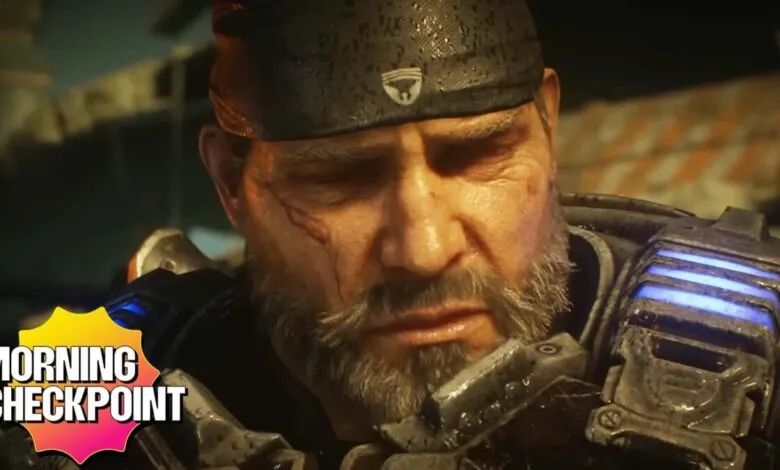 Close-up of Marcus Fenix from Gears of War, looking somber.