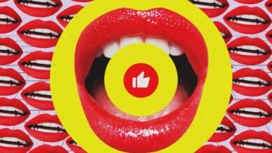 Collage of open mouths with red lipstick and a thumbs up icon.