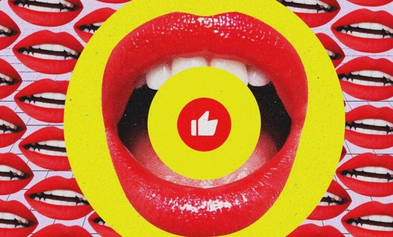 Collage of open mouths with red lipstick and a thumbs up icon.
