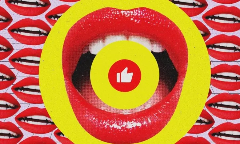 Collage of open mouths with red lipstick and a thumbs up icon.