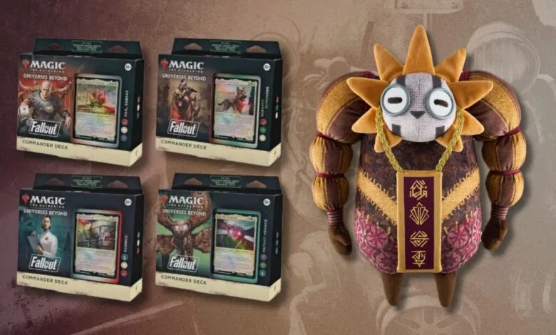 Four Fallout Commander Decks with a plush toy of a Fallout character.