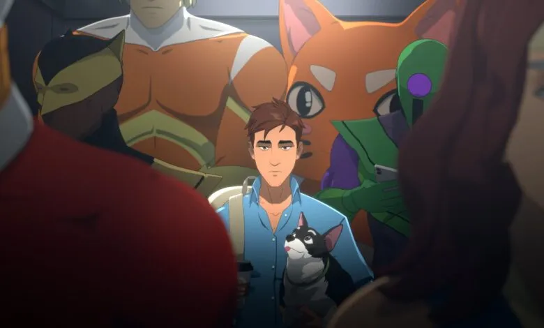 Animated scene shows a man with a dog surrounded by superheroes and other characters.