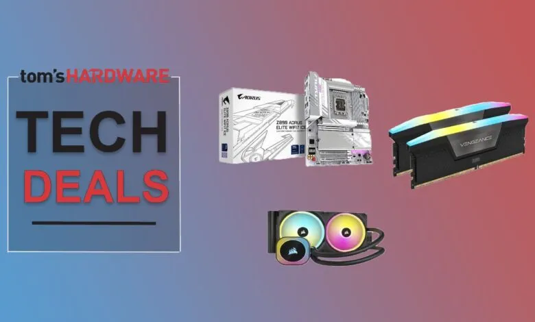 Tech deals graphic featuring motherboard, RAM, and CPU cooler components.