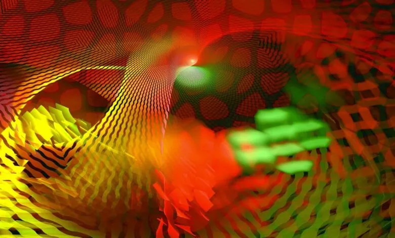 Abstract digital art with vibrant red, yellow, and green hues, creating a dynamic, layered effect.