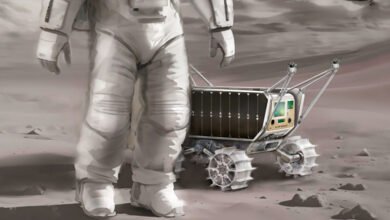 Illustration of an astronaut and lunar rover on a dusty, rocky surface.