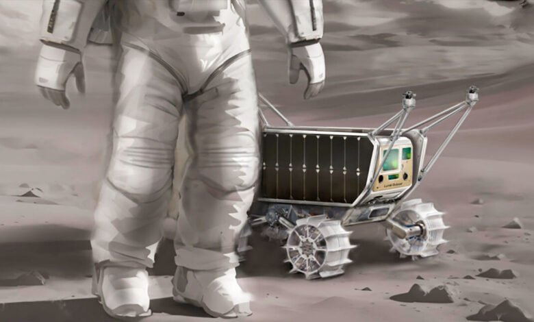 Illustration of an astronaut and lunar rover on a dusty, rocky surface.