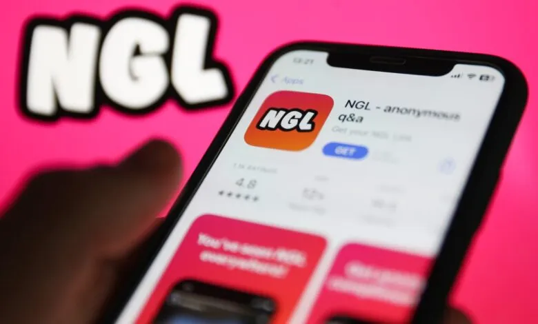 Close-up of a smartphone displaying the NGL anonymous Q&A app in the app store.