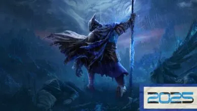 Dark knight stands in rain with glowing sword, fallen figure nearby.