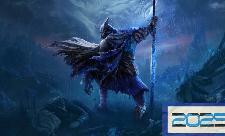 Dark knight stands in rain with glowing sword, fallen figure nearby.