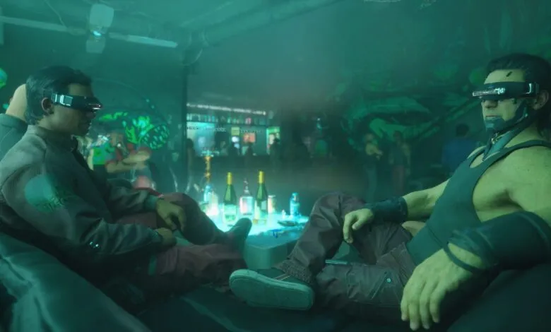 Two men with cybernetic enhancements lounge in a dimly lit, futuristic bar.