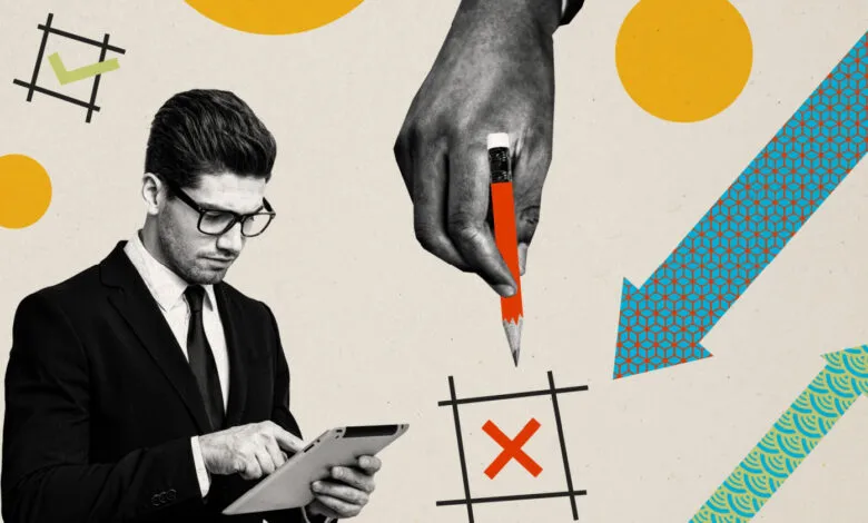 Man in suit uses tablet; hand with pencil marks 'X' in box, arrows point up and down.