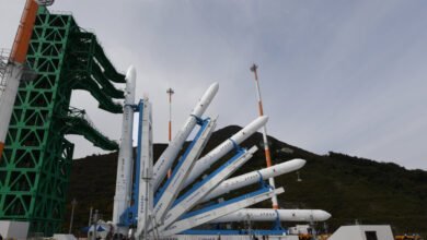 KSLV-II Nuri rocket on launchpad with support structure.