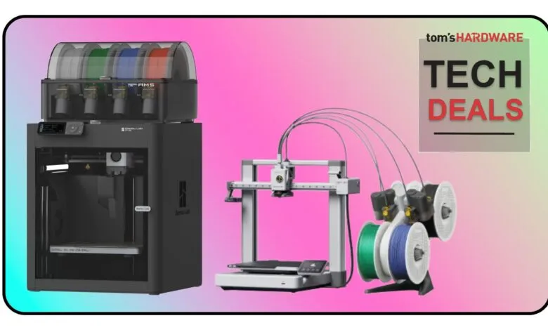 Two 3D printers, one with AMS, against a pink gradient background.