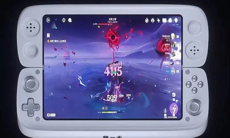 White handheld gaming console displaying Genshin Impact gameplay.