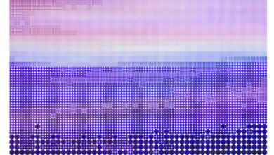 Abstract report cover with gradient of purple and pink dots.