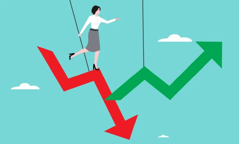 Woman balancing on downward red arrow towards upward green arrow.