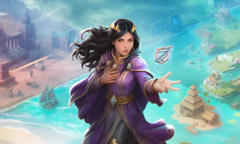 Fantasy art shows a queen with dark hair and a purple robe standing before a coastal kingdom.