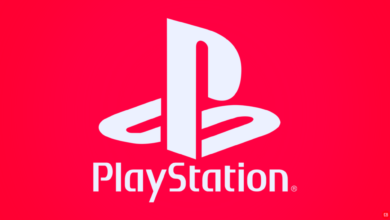 White PlayStation logo and wordmark on a vibrant red background.
