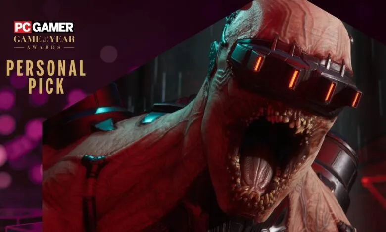 Close-up of a menacing, cybernetic monster with glowing red eyes and a gaping mouth.