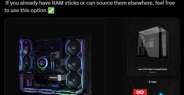 Custom gaming PC build options with RAM choice highlighted.