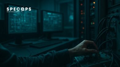 Hand adjusting controls in a dark server room with glowing computer screens.