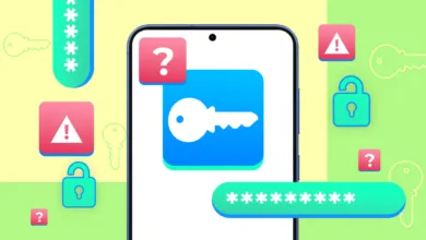Smartphone displays password manager app with security warnings and questions.