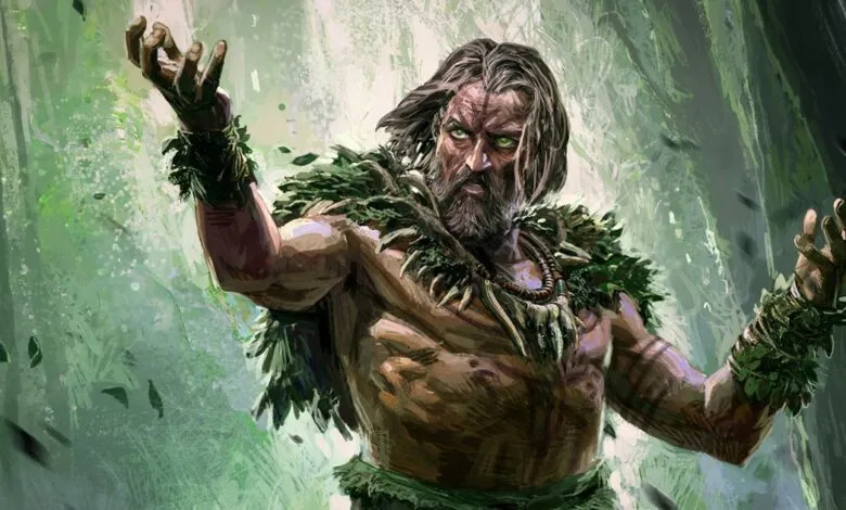 Illustration of a muscular druid with green eyes in a forest setting.