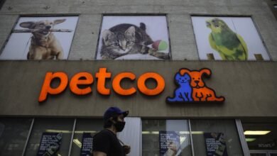 Petco store exterior with dog, cat, and bird images above the entrance.