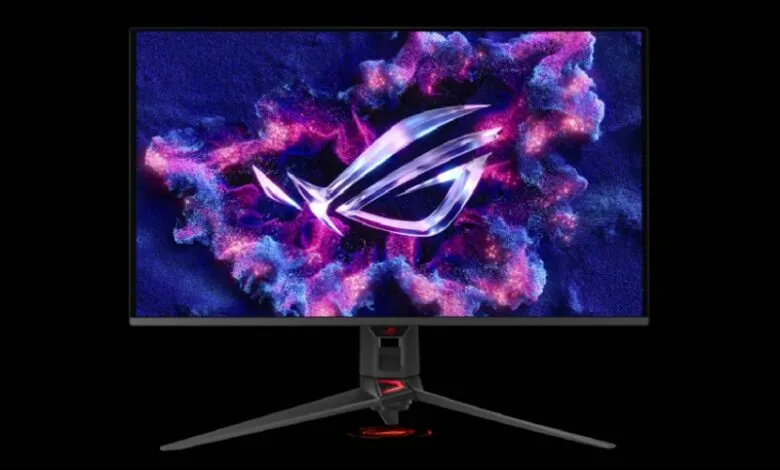 ROG gaming monitor displaying a vibrant, abstract background.