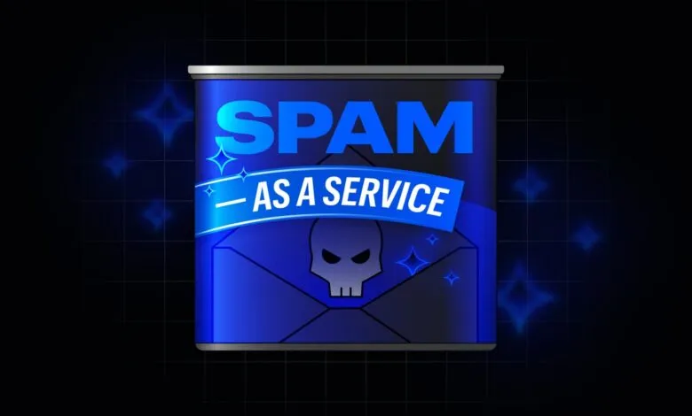 Blue can labeled 'SPAM - AS A SERVICE' with a skull on an envelope.