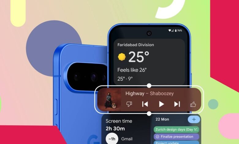 Android phone showing lock screen widgets: weather, music, screen time, and calendar events.