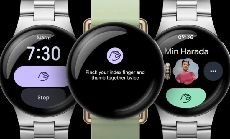 Three Pixel Watches display alarm, gesture instructions, and contact information.