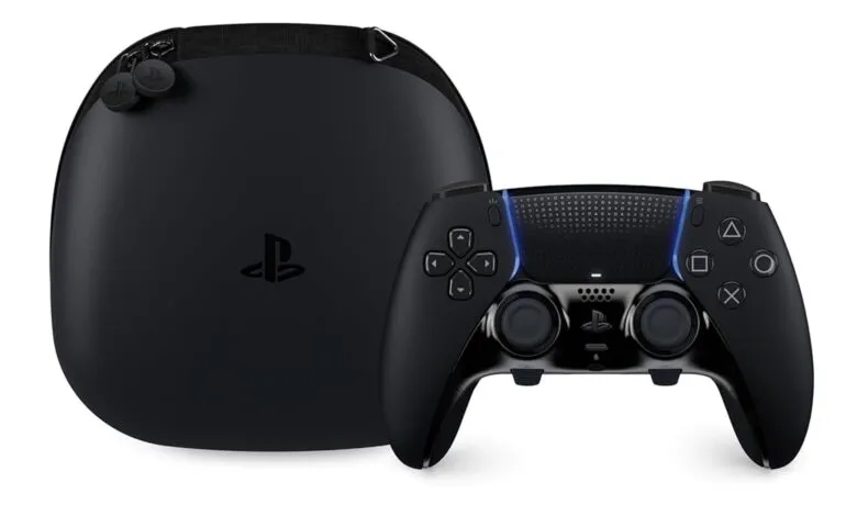 Black PlayStation DualSense Edge controller with carrying case on white background.