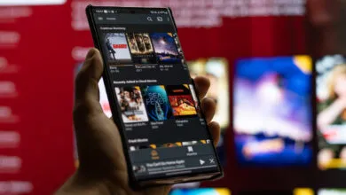 Person holds phone showing Plex app with TV in background.