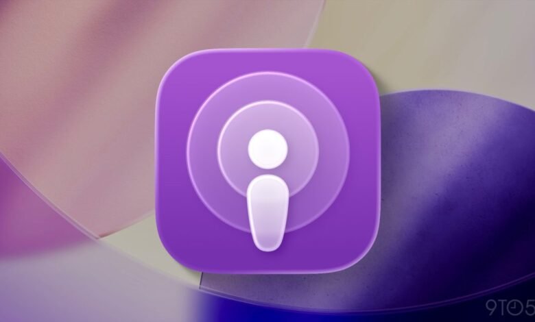 Apple Podcasts app icon with purple gradient and concentric circles.
