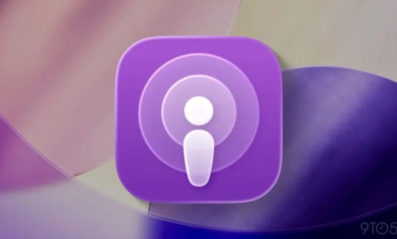 Apple Podcasts app icon with purple gradient and concentric circles.