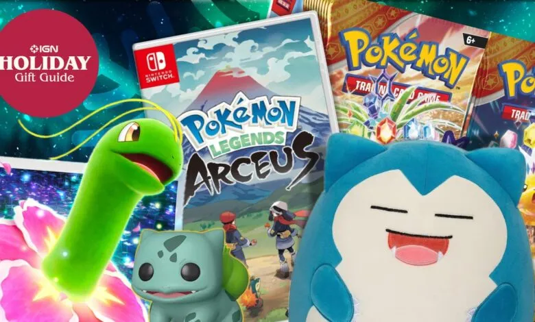 Pokemon holiday gift guide featuring Legends Arceus game, plushies, and trading cards.