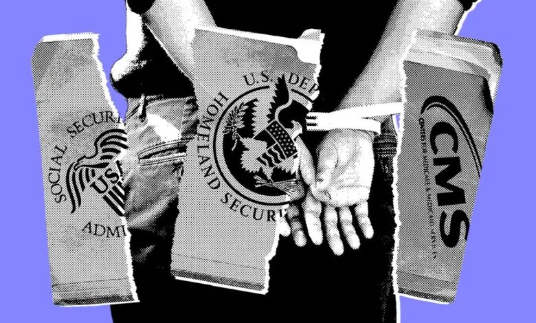 Hands bound with government agency files: Social Security, DHS, CMS.