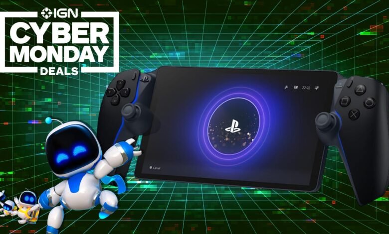 Cyber Monday deals featuring PlayStation Portal and Astro Bot on a green grid background.