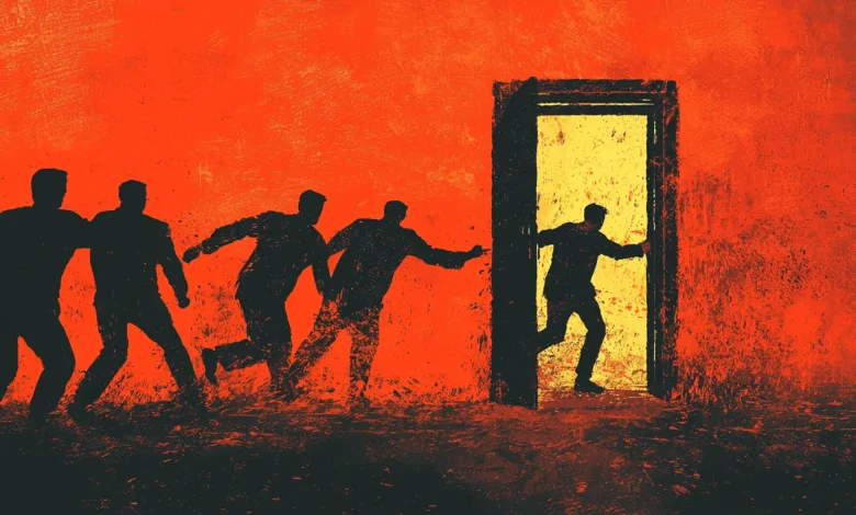 Silhouetted figures running towards a bright doorway against an orange background.