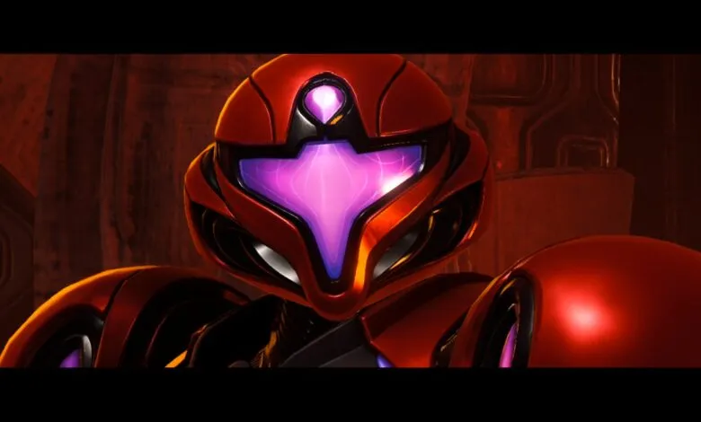 Close-up of Samus Aran's Varia Suit helmet with glowing purple visor.