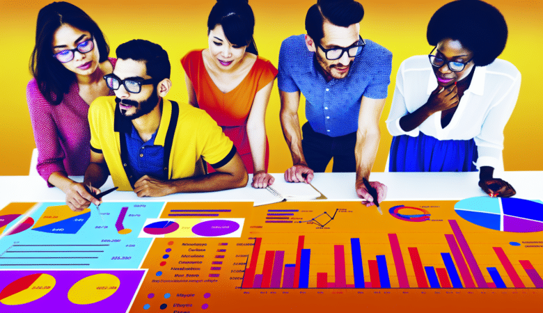 Team of five diverse professionals analyzing colorful data charts and graphs.