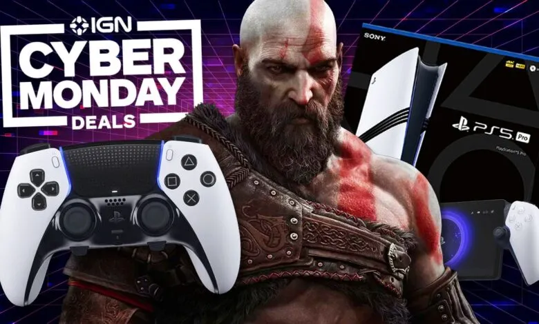 Cyber Monday deals featuring PS5 Pro, controller, and Kratos from God of War.