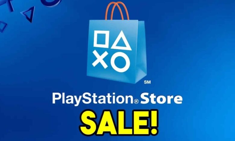 PlayStation Store sale graphic with shopping bag and logo.